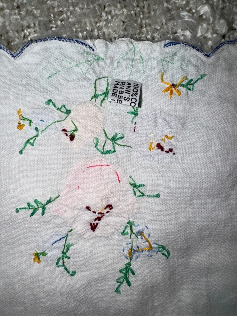 100% Cotton Embroidered Floral scalloped Tea Towel - Pink, Purple, Yellow, Green